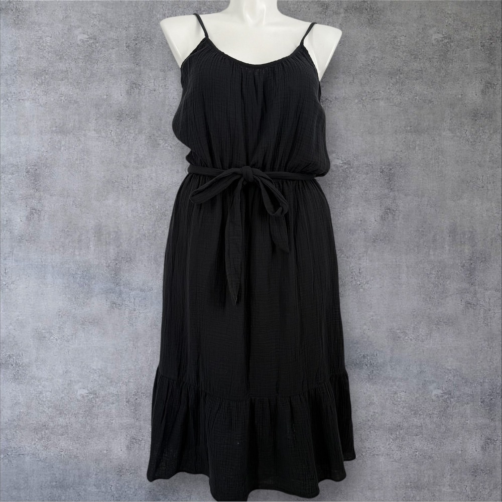 Evereve Gigi Gauze Tie Dress Midi Sundress Sleeveless Black XL NWT - Picture 3 of 14